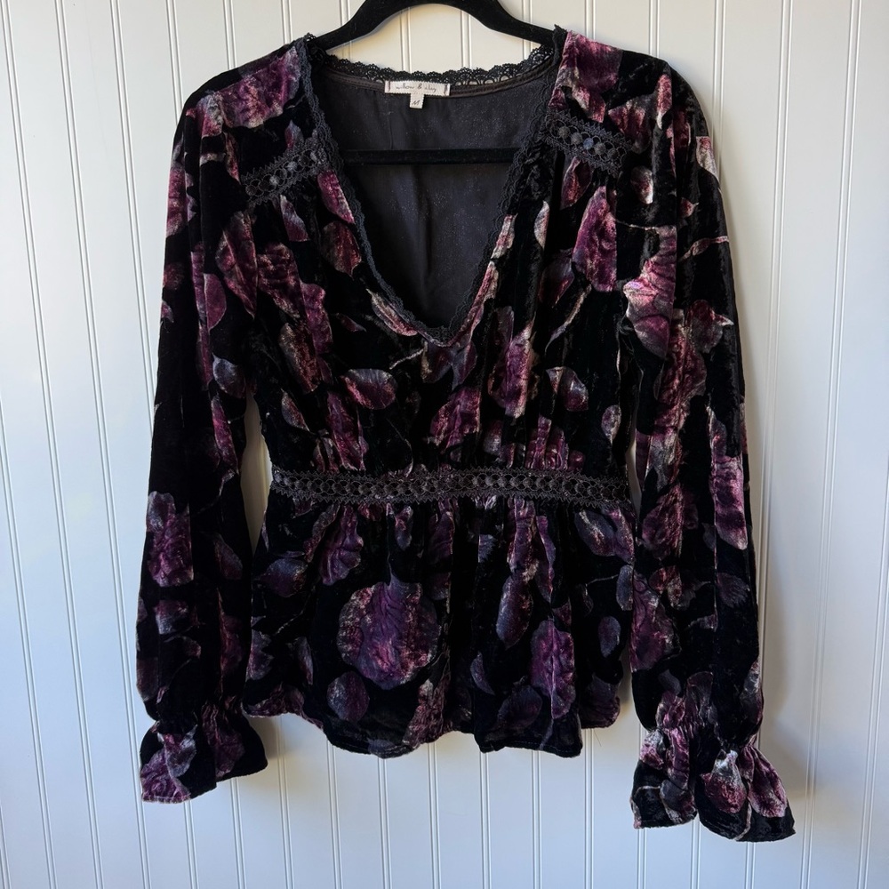 Anthropologie Velvet Floral Lace Blouse medium